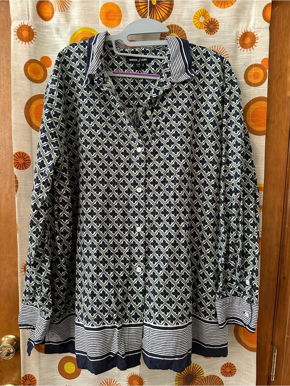 Nautica Navy and White Geometric Print Button-Down Shirt